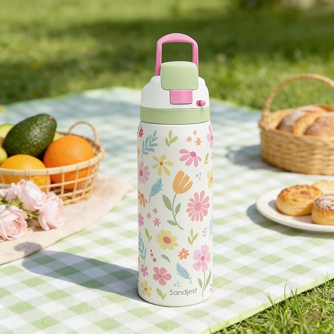 Floral Stainless Steel Water Bottle, Vacuum Insulated, Push-Button Lid, 32 oz, Gifts for Women Girls Friends Teens Birthday Christmas SANDJEST