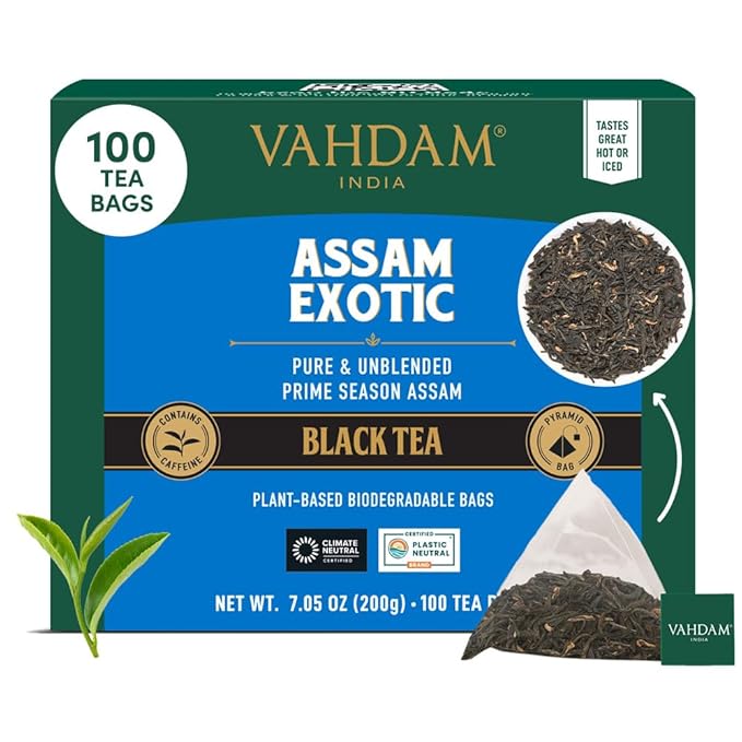 VAHDAM, Assam Exotic Black Tea Bags (100 Count) High Caffeine, Gluten Free, Full Bodied | Pyramid Tea Bags | Strong, Robust & Flavoury | Direct from Source - Bloomnest