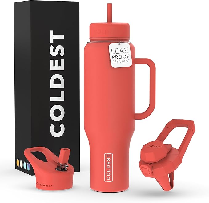 Coldest Tumbler with Handle and Straw - 100% Leak Proof Insulated Tumbler with Lid and Straw (3 Lids) - Stainless Steel Tumblers for Women & Men - Cup Holder Friendly Base, 46 oz (Crimson Red) - Bloomnest