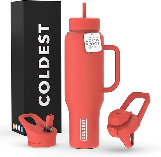 Coldest Tumbler with Handle and Straw - 100% Leak Proof Insulated Tumbler with Lid and Straw (3 Lids) - Stainless Steel Tumblers for Women & Men - Cup Holder Friendly Base, 46 oz (Crimson Red) - Bloomnest