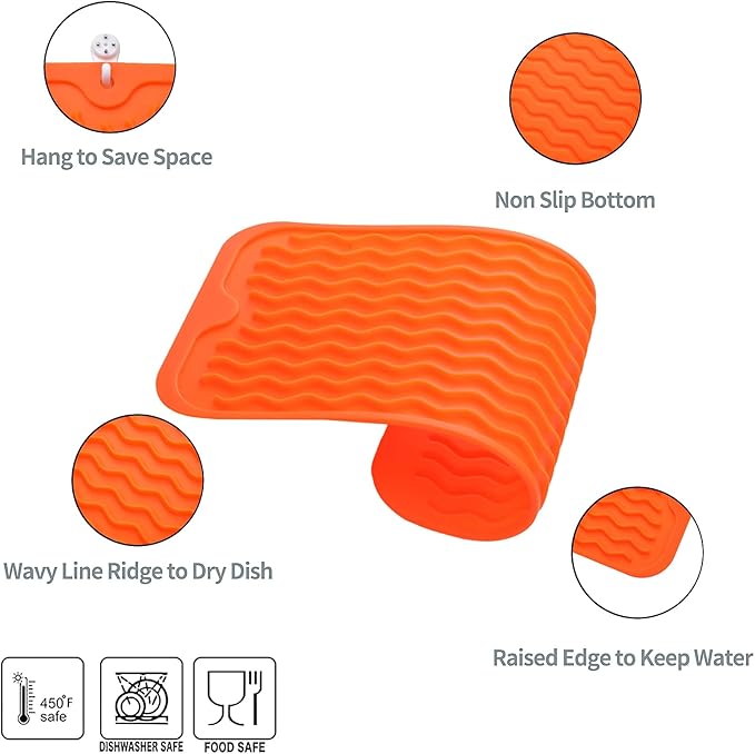 Silicone Dish Drying Mat for Multiple Usage,Easy clean,Eco-friendly,Heat-resistant Silicone Mat for Kitchen Counter or Sink,Refrigerator or Drawer Liner Orange S 12 inches x 6 inches - Bloomnest