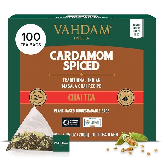 VAHDAM, Cardamom Masala Chai Tea Bags (100 Count) Non GMO, Gluten Free, No Artificial Flavor | Blended w/Exotic Spices | Chai Tea | Resealable Ziplock Pouch - Bloomnest