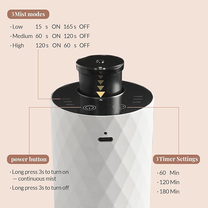 Waterless Diffuser for Essential Oil,Aromatherapy Air Scent Diffuser with 3 Mist Modes and 3 Countdown Timers,Mini Portable Scent Machine for Home,Room,Car,Office,Ivory White - Bloomnest