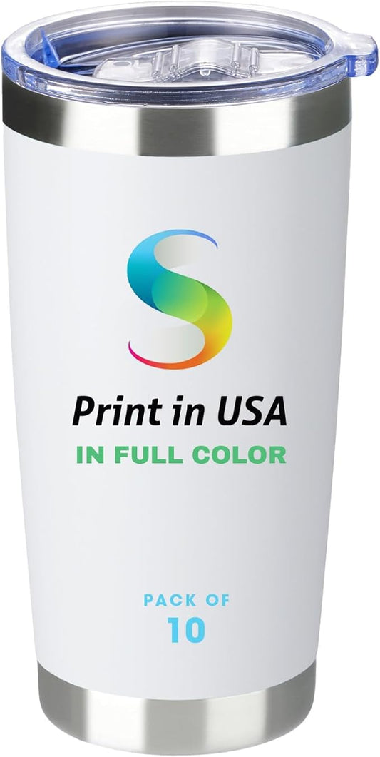 Personalized Custom Print in USA Tumbler 10Pcs 20oz Stainless Steel Double Wall Coffee Cup with Lid & Straw Insulated Tumbler with Colorful Text Logo Photo