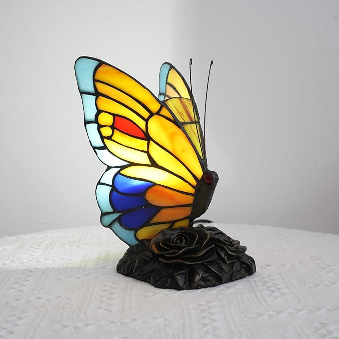 Blue and Orange Butterfly Table Lamp Small Tiffany Style Lamp Stained Glass Lamps Living Room Dorm Bedroom Vintage Art Unique Bedside Night Light Home Lighting Decor Kids Gifts Desk Lamps Rose Base - Bloomnest