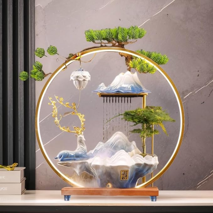 Desk Waterfall Fountain Indoor Ceramic Deer Sculpture,Tabletop Mini Water Fountain with Mist，Adjustable LED Light Ring and Backflow Incense Burner Holder(PQLU001) - Bloomnest