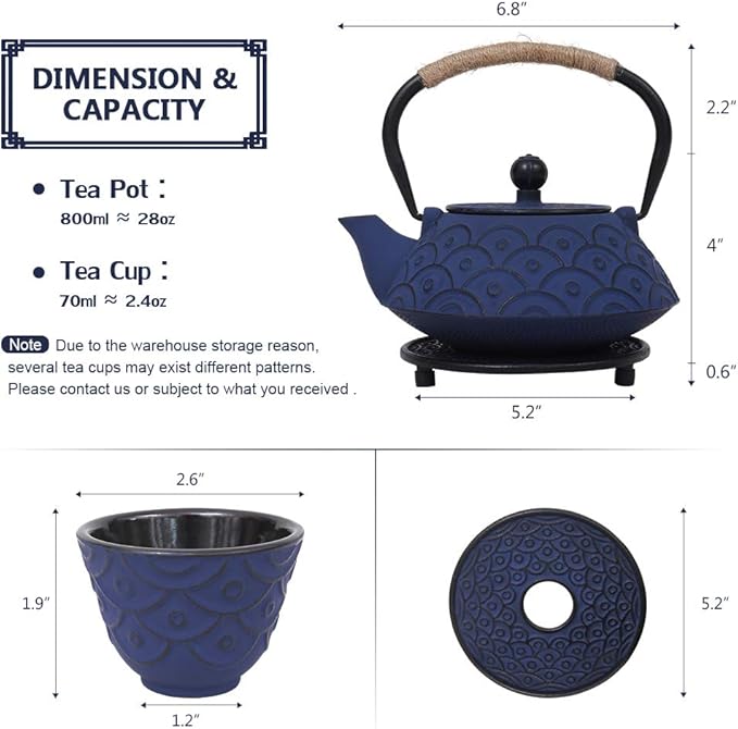 Japanese Style Cast Iron Teapot Set with 4 Tea Cups Iron Tea Kettle with Infuser Hemp Rope Trivet Asian Gift for Adults Parents (Fish Scale Pattern, Blue,Anti Rust) - Bloomnest