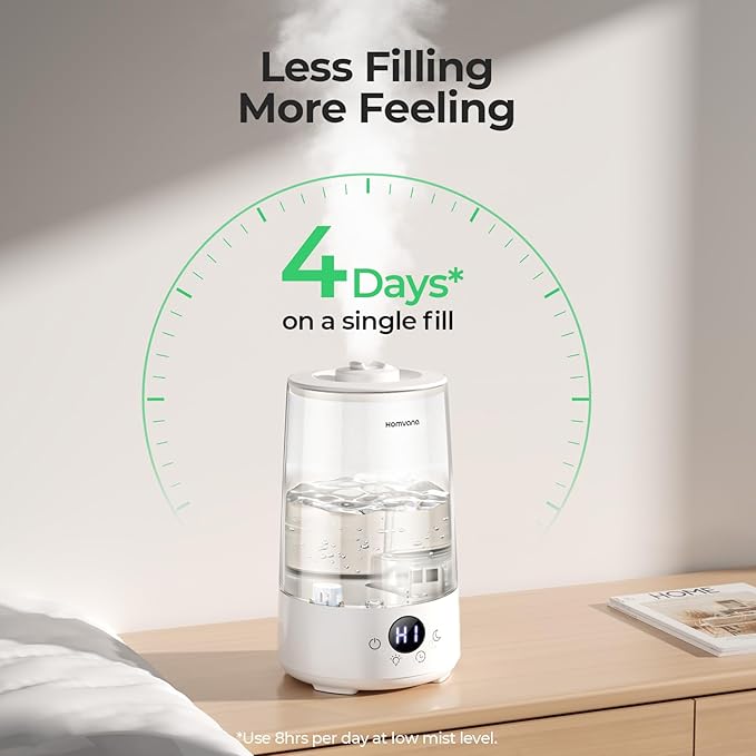 Homvana Humidifiers for Bedroom Home, 3.6 L Cool Mist Top-Fill 34H Super Long Time, Quiet 23dB, Baby Humidifier, Oil Diffuser for Large Room, House, Plant, Nursery, BPA FREE, Ultrasonic (Transparent) - Bloomnest