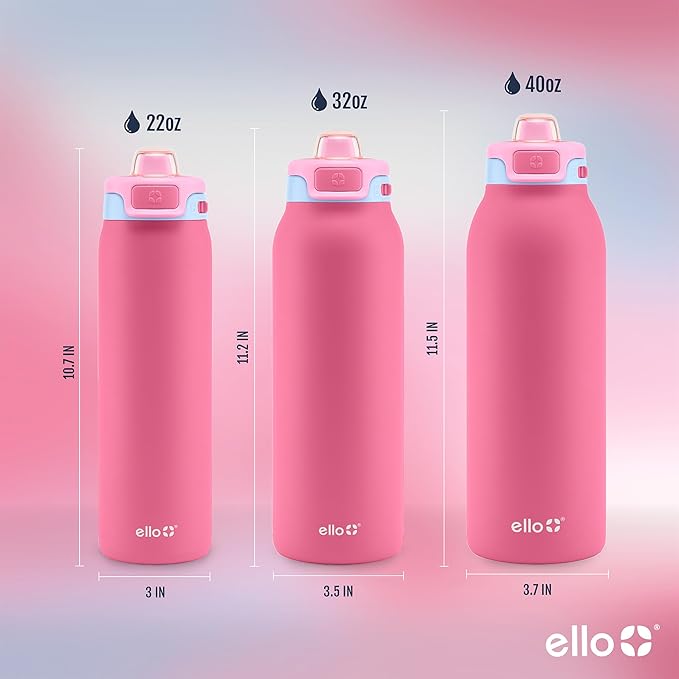 Ello Pop & Fill Insulated Stainless Steel Water Bottle with Quick Fill Lid, Leakproof Locking, Sip or Chug Spout, BPA-Free, Double Wall Vacuum Insulated for Sports, Travel & School- 22oz / 32oz / 40oz Ello