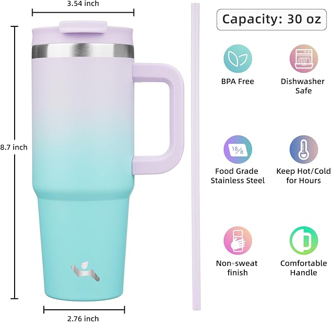30 oz Tumbler with Handle and 2 Straws,2 in 1 Lid Insulated Water Bottle Stainless Steel Travel Coffee Mug,Lavender Green - Bloomnest