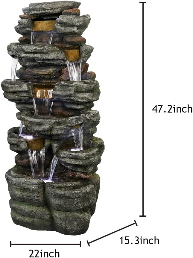 Naturefalls 47.2inches Outdoor Rockery Water Fountain with Led Lights - Poly-Resin Rock Cascading Water Fountains - Relaxation Water Features for Patio, Yard, Deck, Garden Decor - Bloomnest