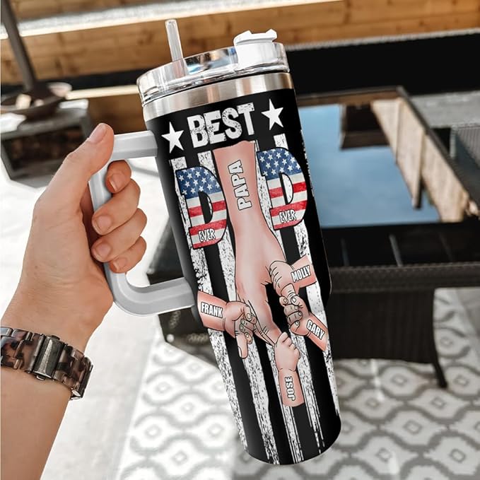 Personalized Best Dad Tumbler with Handle and Straw, Custom Names and USA Flag Design, Gift for Papa or Father from Kids, Father’s Day Mug Cup - Bloomnest