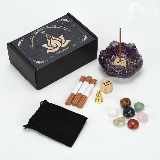 Crystal Lotus Incense Holder Set, Decorative Lotus Flower Decor Bowl 3.15x3.15x1.5 Inch, Incense Sticks Cones Holder with Ash Catcher (Purple)