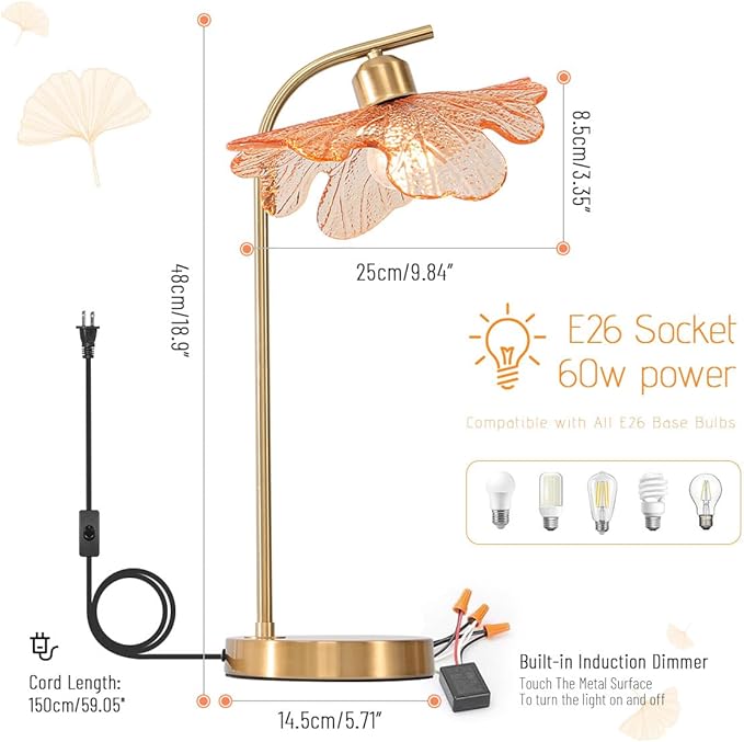 Mid Century Modern Table lamp 2 Pack Gold Table Lamps with Touch Switch Amber Glass Tall Table lamp Bedside Desk lamp nightstand lamp Small Table lamp for Bedroom Living Room Office - Bloomnest