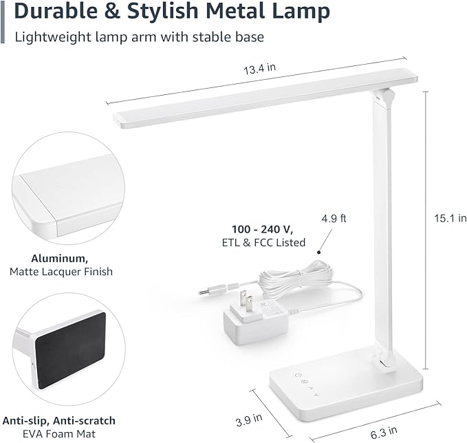Lepro LED Desk Lamp, Metal Desk Light 9.5W 800lm, Forbes Vetted Best Task Lamp, 5 Color Modes 5 Brightness Level, Dimmable Home Office Desktop Lamp for Reading, Crafting, Sewing, Puzzle, Nail, White - Bloomnest