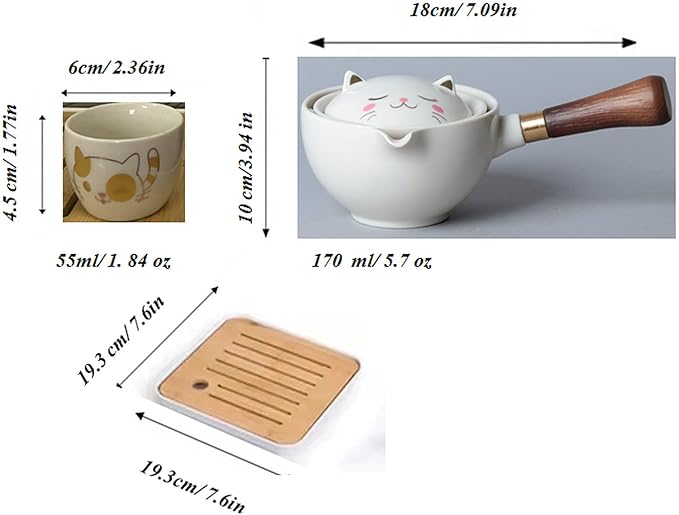 Ceramic Portable Travel Tea Set, Chinese Kungfu Tea Set with 360 Rotation Teapot and Infuser, 4 Tea Cups, Tea Tray And Travel Bag (Lucky Cat)