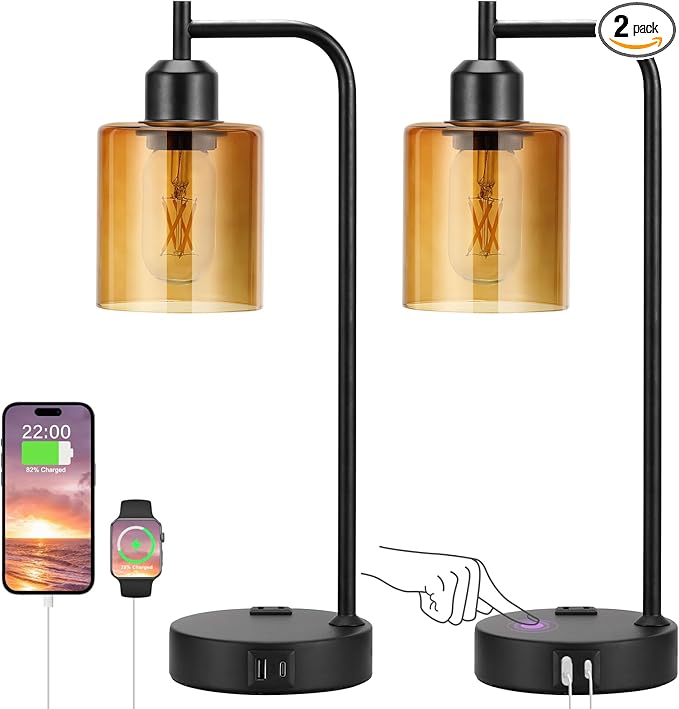 Industrial Touch Nightstand Lamps for Bedrooms Set of 2 - 3-Way Dimmable Table Lamps with USB C+A Ports and Outlet, Bedside Lamps with Amber Glass Shade for Living Room, Desk Lamps for Home Office - Bloomnest