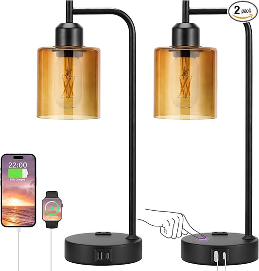 Industrial Touch Nightstand Lamps for Bedrooms Set of 2 - 3-Way Dimmable Table Lamps with USB C+A Ports and Outlet, Bedside Lamps with Amber Glass Shade for Living Room, Desk Lamps for Home Office - Bloomnest