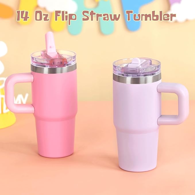 Cosictic 14 Oz Flip Straw Tumbler with Handle for Kids, Stainless Steel Double Wall Insulated Cup for Children with Flip Top Lid, 14 Oz Leak-proof Cups for Kids, Purple - Bloomnest