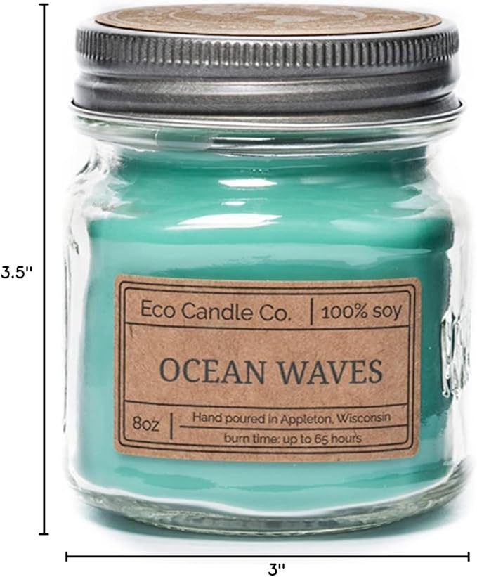 ECO CANDLE CO. Mason Jar Candle, Ocean Waves, 8 oz. - Scents of Marine Air, Citrus, & Musk - 100% Soy Wax, No Lead, Kraft Label & Antiqued Pewter Lid, Hand Poured, Made from Midwest Grown Soybeans - Bloomnest