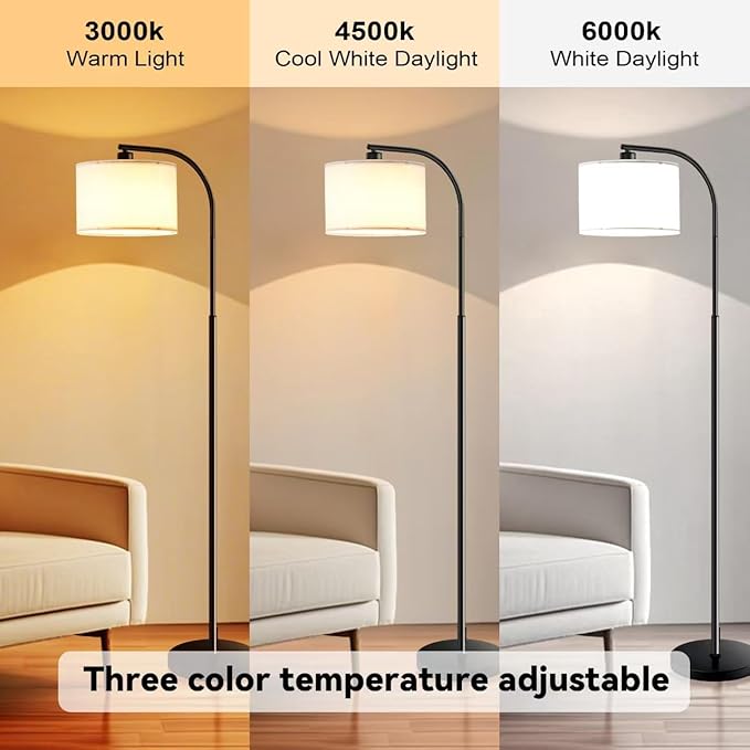 Floor Lamp for Living Room,Tall Standing Lamps Dimmable,Modern Floor Light with LED Bulb,3 Color Temperatures,Fabric Shades,Black Floor Lamps for Bedroom Dining Room Office Corner - Bloomnest