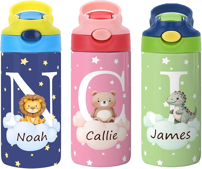 callie Personalized Animal Insulated Water Bottle for Kids, Custom 12 oz Leak Proof Lid Stainless Steel Cups with Straw, Cute Gifts for Boys Girls - Bloomnest