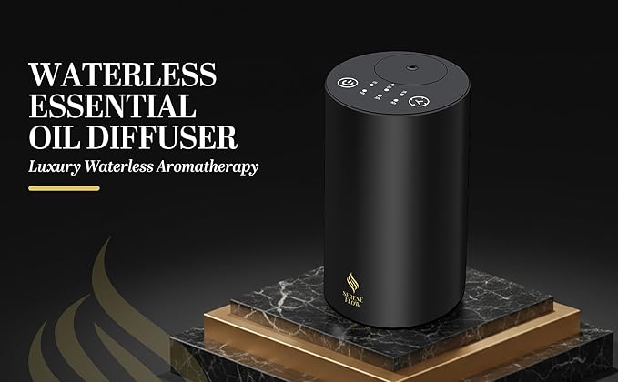 Waterless Essential Oil Diffuser, battery-operated cordless aromatherapy diffuser with timer & 3 mist levels. For car, home, office, yoga studio, nursery, bedrooms, and pet areas. Black aluminum alloy Bloomnest