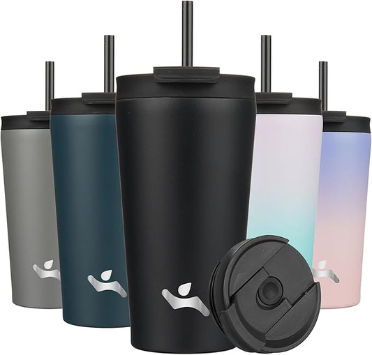 18 OZ Insulated Tumbler with Lid and 2 Straws Stainless Steel Water Bottle Vacuum Travel Mug Coffee Cup,Black - Bloomnest