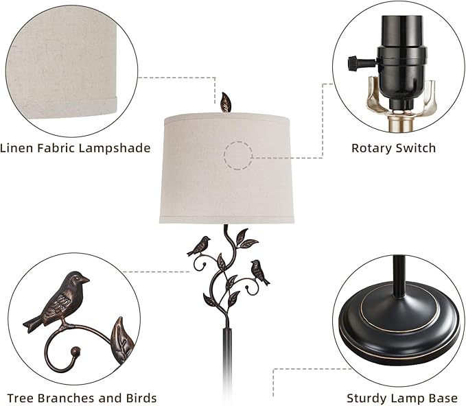 RORIANO 63" Rustic Leaf Floor Lamp for Living Room, Unique Bird Tall Standing Lamp with Rotary Switch, Vintage Floor Lamps for Bedroom Study Room, Bulb Included - Bloomnest