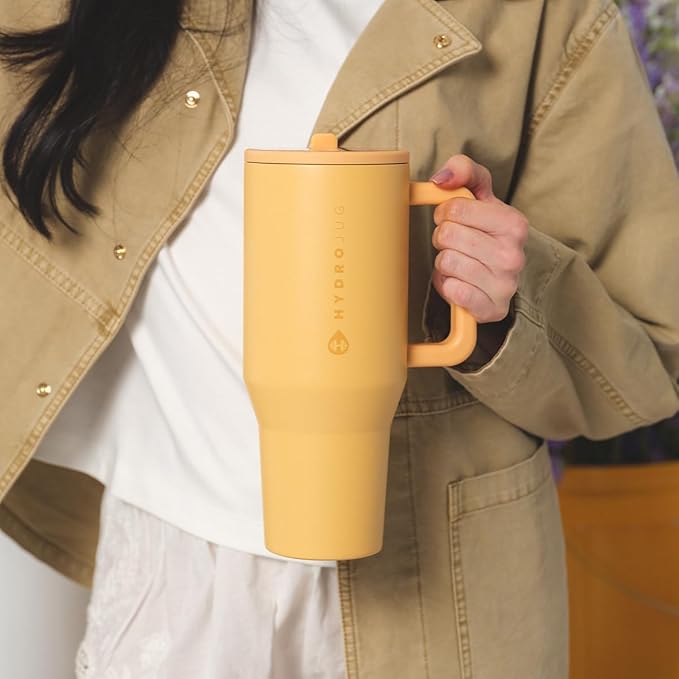HydroJug Traveler - 32 oz Water Bottle with Handle & Flip Straw - Fits in Cup Holder, Leak Resistant Tumbler-Reusable Insulated Stainless Steel & Rubber Base - Gifts for Women & Men, Marigold Hydrojug