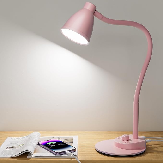 BOHON Cute Desk Lamp with USB Charging Port, Pink Lamp 3 Color Modes Dimmable LED Reading Lamp, Flexible Gooseneck Auto Dimming Table Task Light for Home Office Dorm Bedside, Pink - Bloomnest