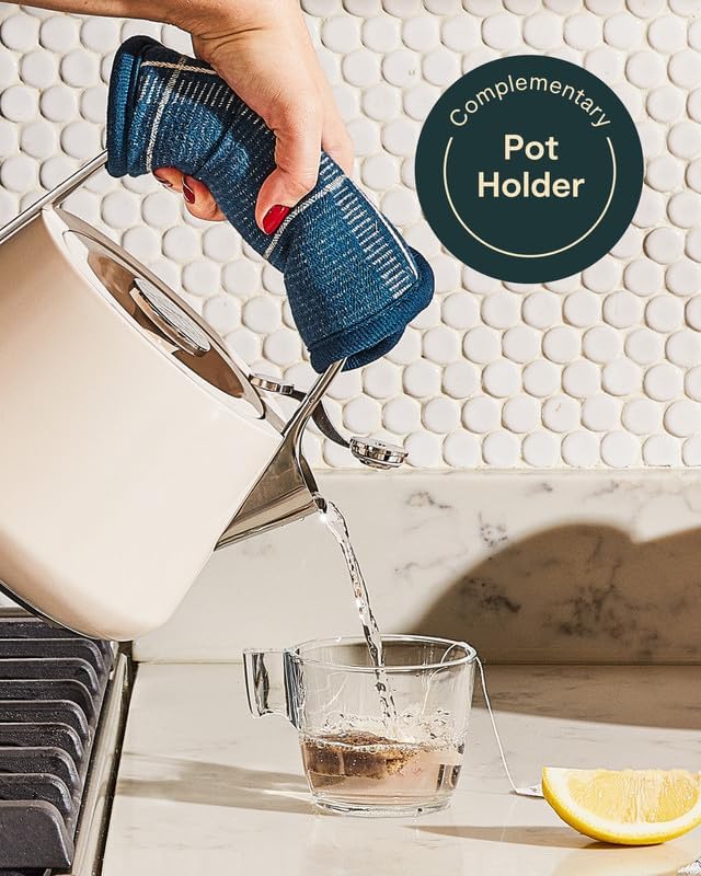 Caraway 2 Quart Whistling Tea Kettle - Durable Stainless Steel Tea Pot - Fast Boiling, Stovetop Agnostic - Non-Toxic, PTFE & PFOA Free - Includes Pot Holder - Cream - Bloomnest