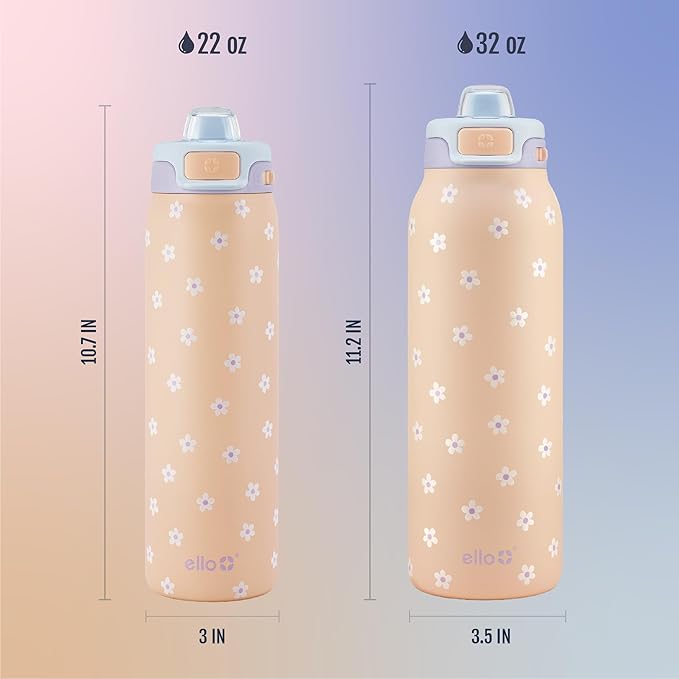 Ello Pop & Fill Insulated Stainless Steel Water Bottle with Quick Fill Lid, Leakproof Locking, Sip or Chug Spout, BPA-Free, Double Wall Vacuum Insulated for Sports, Travel & School- 22oz / 32oz / 40oz Ello