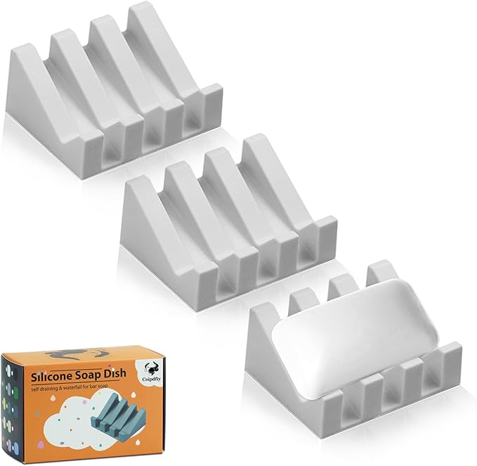 Self Draining Soap Dish Holder,Silicone Soap Dish,for Bathroom,Kitchen, Sponges，Can Extend Soap Life，Keep Soap Bars Dry and Easy Cleaning (Light Grey,3-Pack) - Bloomnest