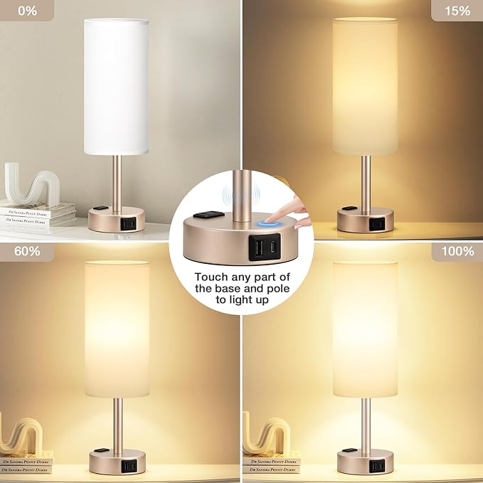 Antique White Bedside Table Lamp for Bedroom - 3 Way Dimmable Touch Lamp USB C Charging Ports and AC Outlet, Small Lamp Gold Base Round Flaxen Fabric Shade for Living Room, Desk, LED Bulb Included - Bloomnest