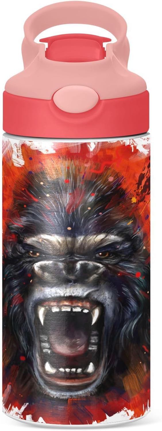 King Kong Furious Kids Insulated Water Bottle, Toddlers Tumbler Travel Cup with Straw & Handle Stainless Steel Cup for Travel School Girls 12 oz - Bloomnest