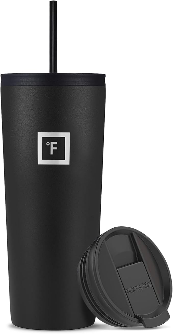 IRON °FLASK Classic Tumbler - Vacuum Insulated Stainless Steel Water Bottle, Double Walled, Drinking Cup, Insulated Travel Mug (Midnight Black, 24 oz Solid Lid)