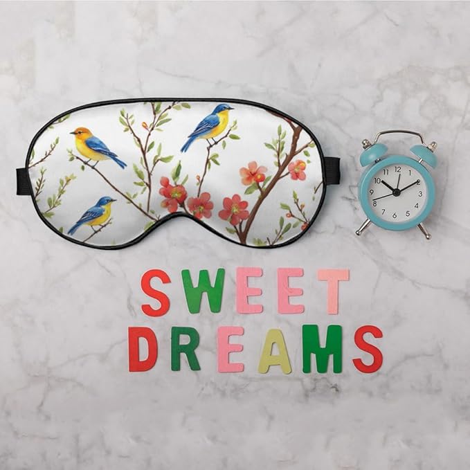 Cute Blue Birds Sleep Eye Mask Eye Cover Tree Branch Green Leaves Red Flower Silk Eye Mask for Sleeping with Adjustable Strap for Travel Nap Shift Work Office - Bloomnest