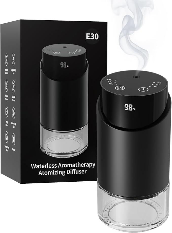 Waterless Essential Oil Diffuser Aromatherapy Scent Diffusers for Home Large Room, Car, Office, Desk, Mini Battery Operated Cordless Air Freshener, 4 Timers & 3 Mist Levels, 100ml Capacity (Black) - Bloomnest