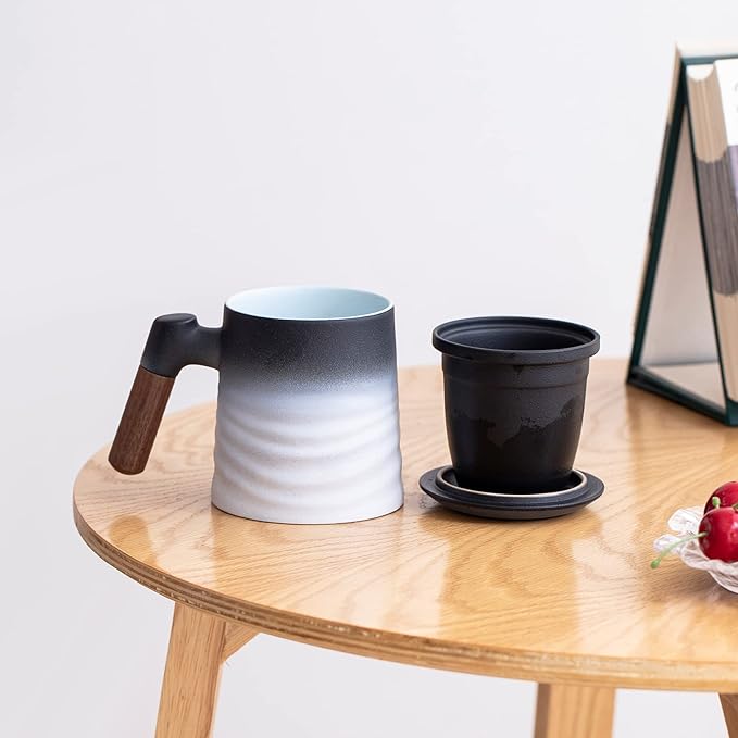 ZENS Tea Cup with Infuser and Lid, Wood Handle Loose Steeper Mug, 12 Ounces Matte Gradient Embossed Ceramic Stainer Mug for Tea Gifts, Black & White