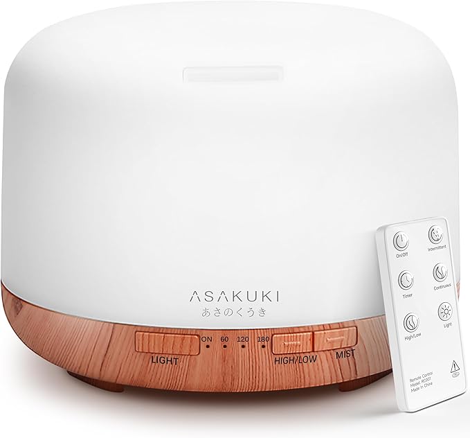 ASAKUKI Essential Oil Diffuser 500ml, Ultrasonic Aromatherapy Humidifier with Remote Control, 7 LED Colors, Timer & Auto-Off, Large Room Diffuser (Yellow) - Bloomnest