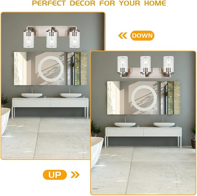 BONLICHT Brushed Nickel Vanity Light 3 Lights Modern Bathroom Light Fixtures Over Mirror with Seeded Glass, Industrial Metal Indoor sconces Wall Lighting for Powder Room Hallway Kitchen Sink Cabinet - Bloomnest