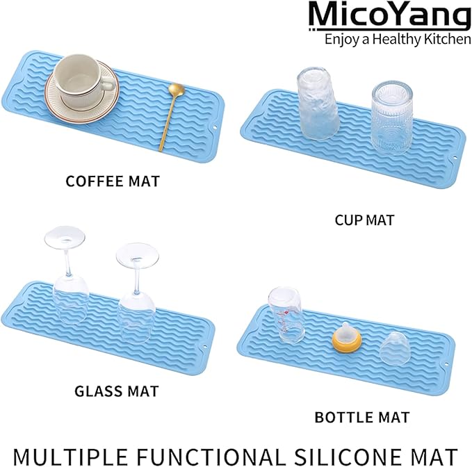 Silicone Dish Drying Mat for Multiple Usage,Easy clean,Eco-friendly,Heat-resistant Silicone Mat for Kitchen Counter,Sink,Bar,Bottle,or Cup Light Blue M 17 inches x 6 inches - Bloomnest