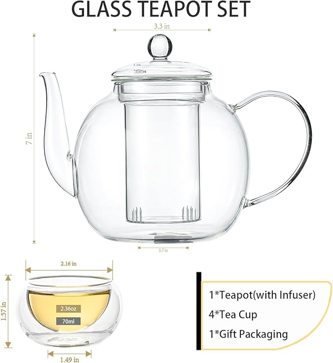 Glass Teapot Set with 4 Teacups, 1500 ml/50 oz Tea Pot with Infusers for Loose Tea and Flower Tea, Stovetop and Microwave Safe Borosilicate Glass Tea Kettle, Tea Gift Sets for Tea Lovers - Bloomnest