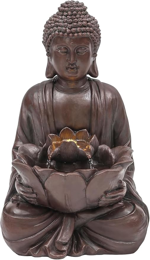 18.9" H Buddha Outdoor Water Fountain with LED Lights and Pump,Zen Style Relaxing Garden Fountain Waterfall for Patio, Porch, or Yard, Faux Bronze