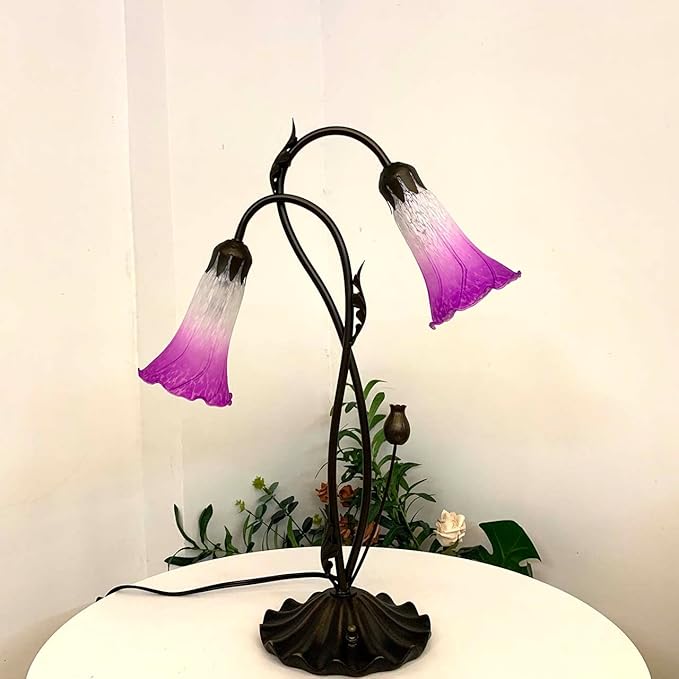 Bieye L10850 Lily Flower Blown Glass Accent Table Lamp for Living Room Bedroom Decoration (2-Light, Purple) - Bloomnest