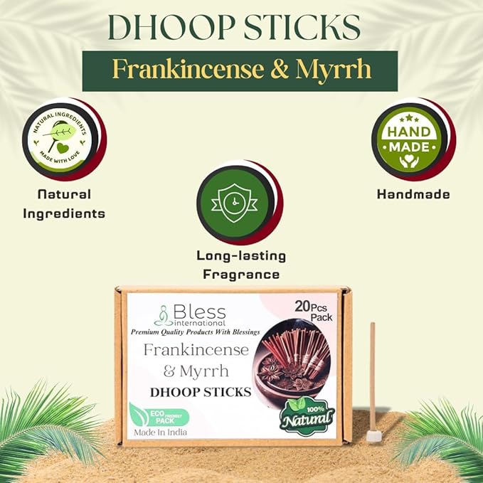 Bless-International Frankincense-and-Myrrh-100%-Natural-Incense-Bambooless-Dhoop-Sticks Handmade-Organic-Chemicals-Free for-Relaxation-Positivity-Yoga-Meditation The-Best-scents-4.5-Inches-20-Sticks BlessInternational