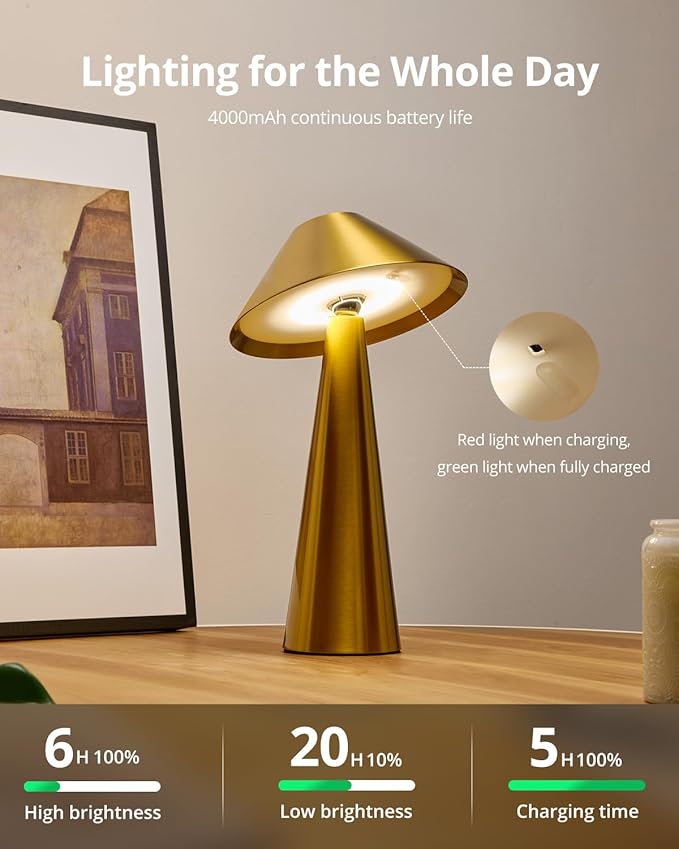 Bojim 2 Pack Rechargeable Cordless Table Lamp, Gold LED Battery Operated Wireless Table Lights, Touch for Color Changing Dimmable, IP54 Waterproof for Restaurant, Dining, Outdoor, Patio, Outside - Bloomnest