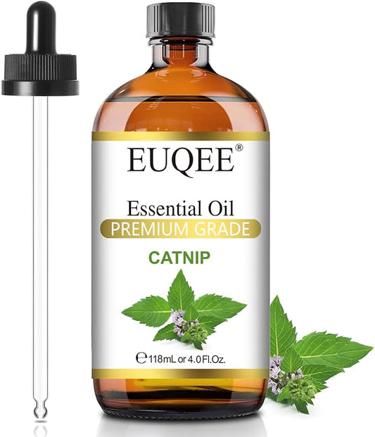 EUQEE 118ML Catnip Essential Oil, Pure & Fresh Herbal Aroma Catnip Essential Oil with Glass Dropper Great for Air Refresher, Massage, Diffuser, DIY Soap, Candle Making, Aromatherapy, Sleep EUQEE