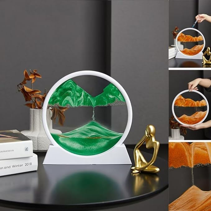 BGFJYUK Moving Sand Art Picture in Motion, Round Glass 3D Deep Sea Sandscapes with Display Flowing Sand Frame for Relaxing Desktop Home Office Work Décor for Kids Adults（White Frame Green, 12inch - Bloomnest